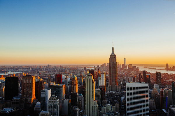 Aerial view of Manhattan skyline at sunset, New York City, USA