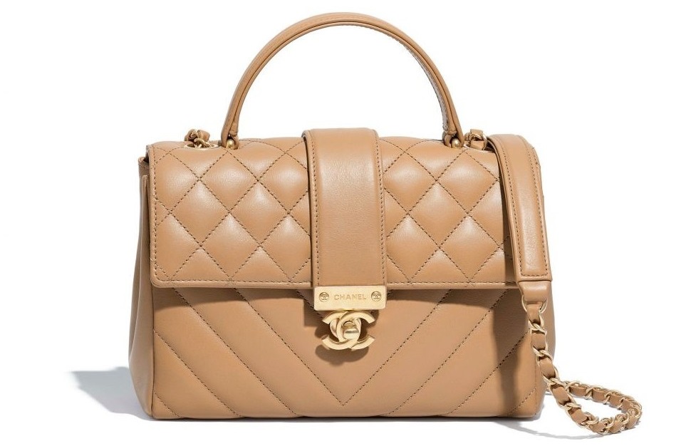 กระเป๋าแบรนด์ Chanel โทนนู้ด Flap Bag with Top Handle Calfskin & Gold-Tone Metal Beige