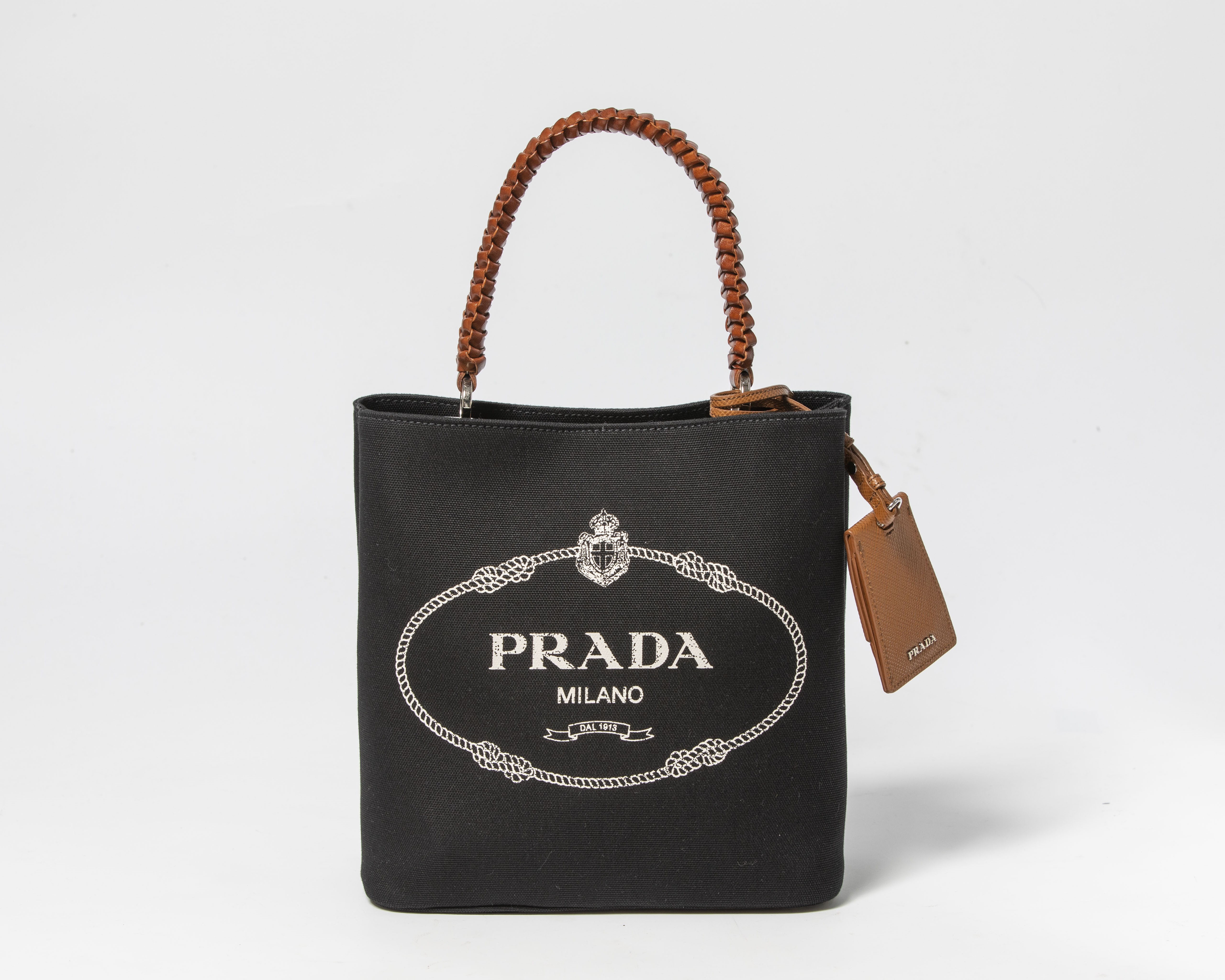 NEW! กระเป๋า Prada รุ่น Panier canvas and leather bag ผ้าแคนวาสพิมพ์ลาย หูหิ้วหนัง